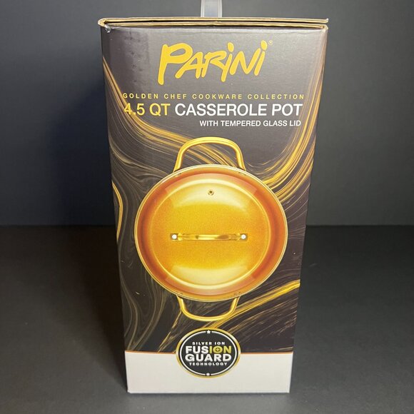 NIB Parini 4.5Qt 18K Infused Gold Coated Casserole Pot w/ Tempered Glass Lid - Picture 3 of 7